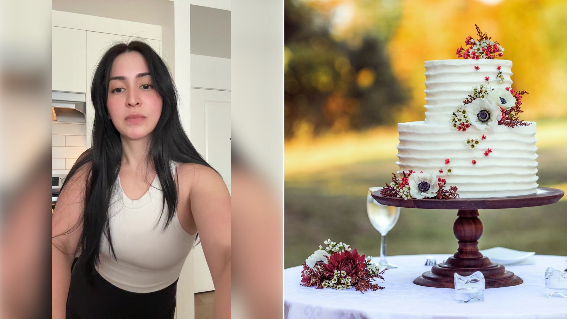 Left: cover still from a TikTok video by @manila.333. Right: a wedding cake with red and white flowers (Unsplash photo by David Holifield).