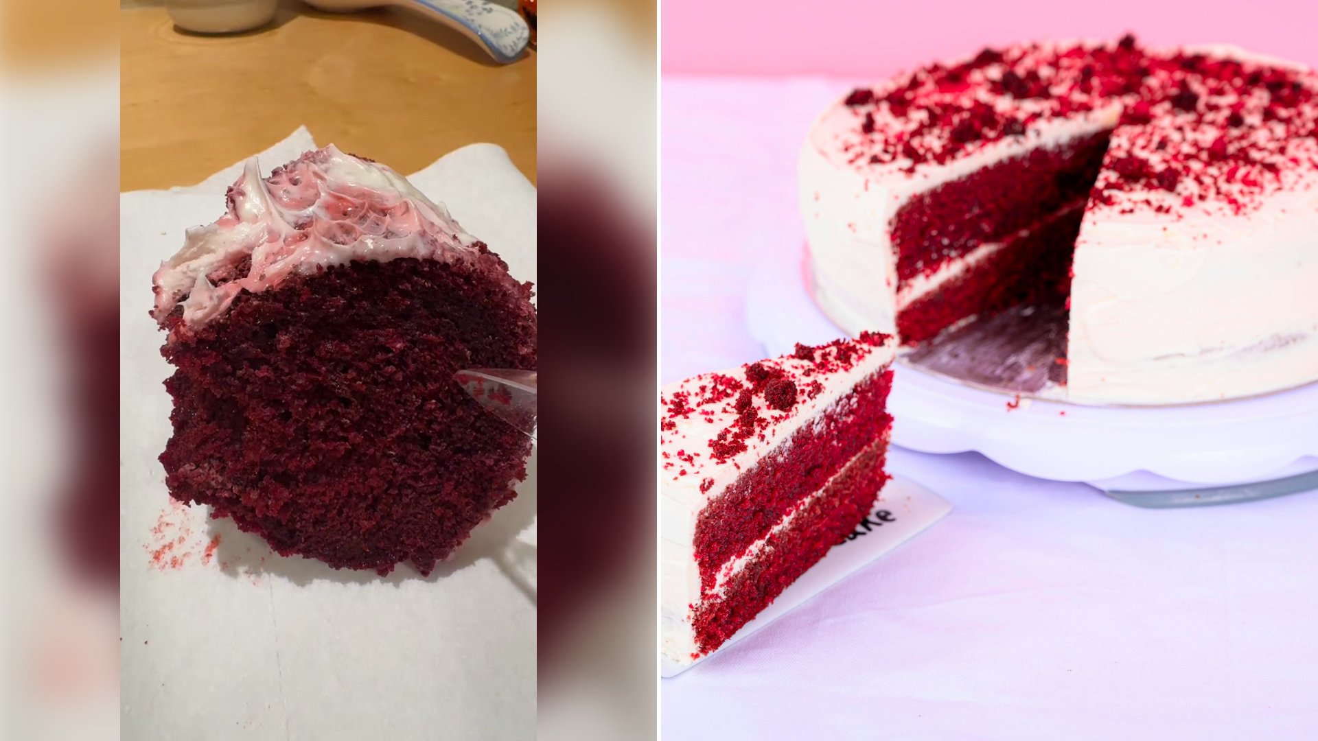 Left: cover still from a TikTok video by @littlehousebigak. Right: a slice of red velvet cake (Unsplash photo by Caitlyn de Wild).