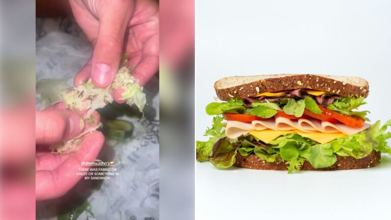 Left: cover still from a TikTok video by @catelynwiseman. Right: a sandwich on a white surface (Unsplash photo by Mae Mu).