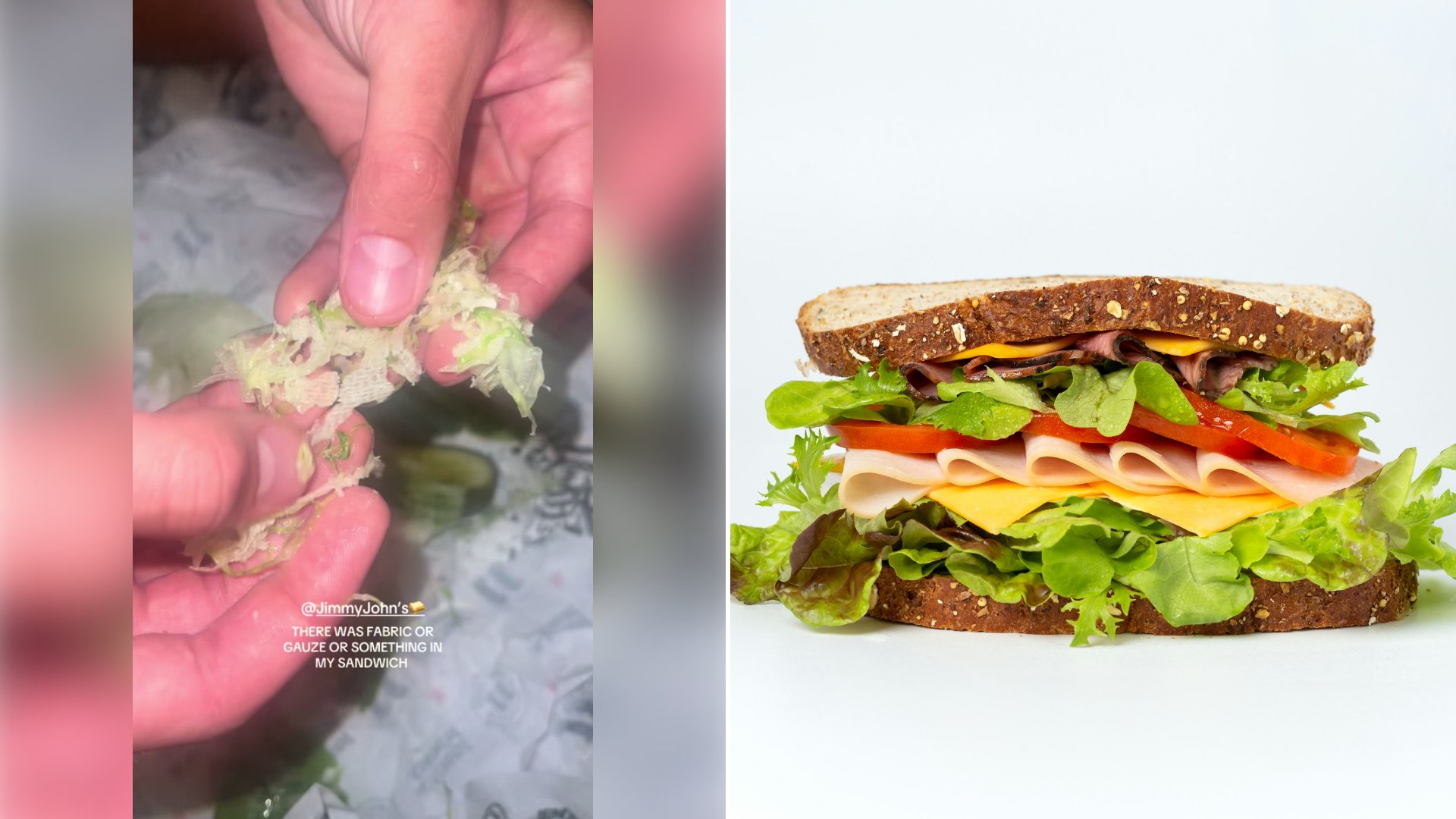 Left: cover still from a TikTok video by @catelynwiseman. Right: a sandwich on a white surface (Unsplash photo by Mae Mu).