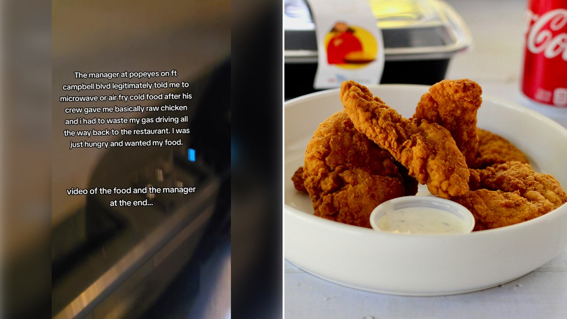 Left: cover still from a TikTok video by @shellzmacncheezy. Right: chicken tenders on a plate (Unsplash photo by logan jeffrey).