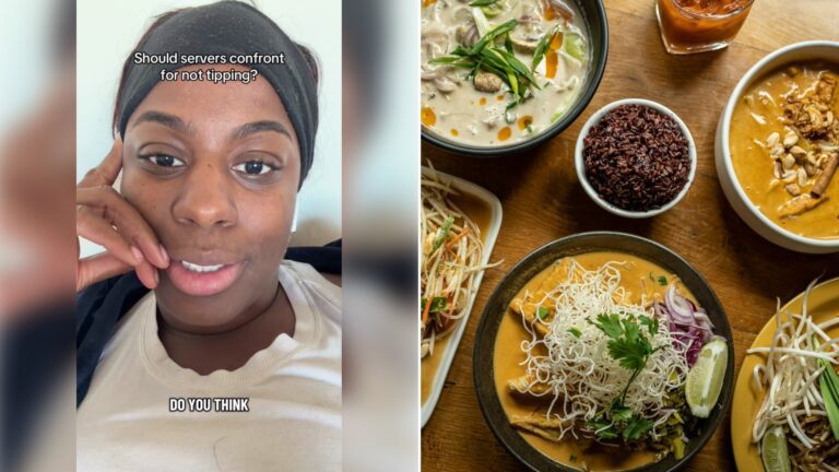 Left: cover still from a TikTok video by @astoldbyindie. Right: plates of Thai food on a wooden table (Unsplash photo by Alexandra Tran).