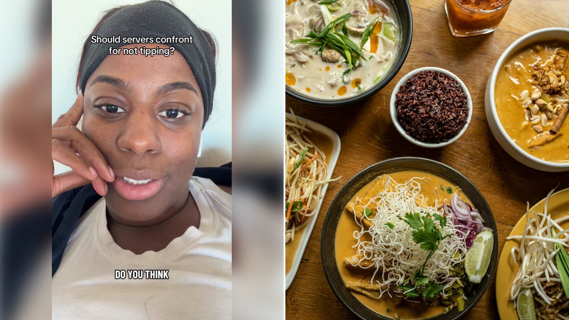 Left: cover still from a TikTok video by @astoldbyindie. Right: plates of Thai food on a wooden table (Unsplash photo by Alexandra Tran).
