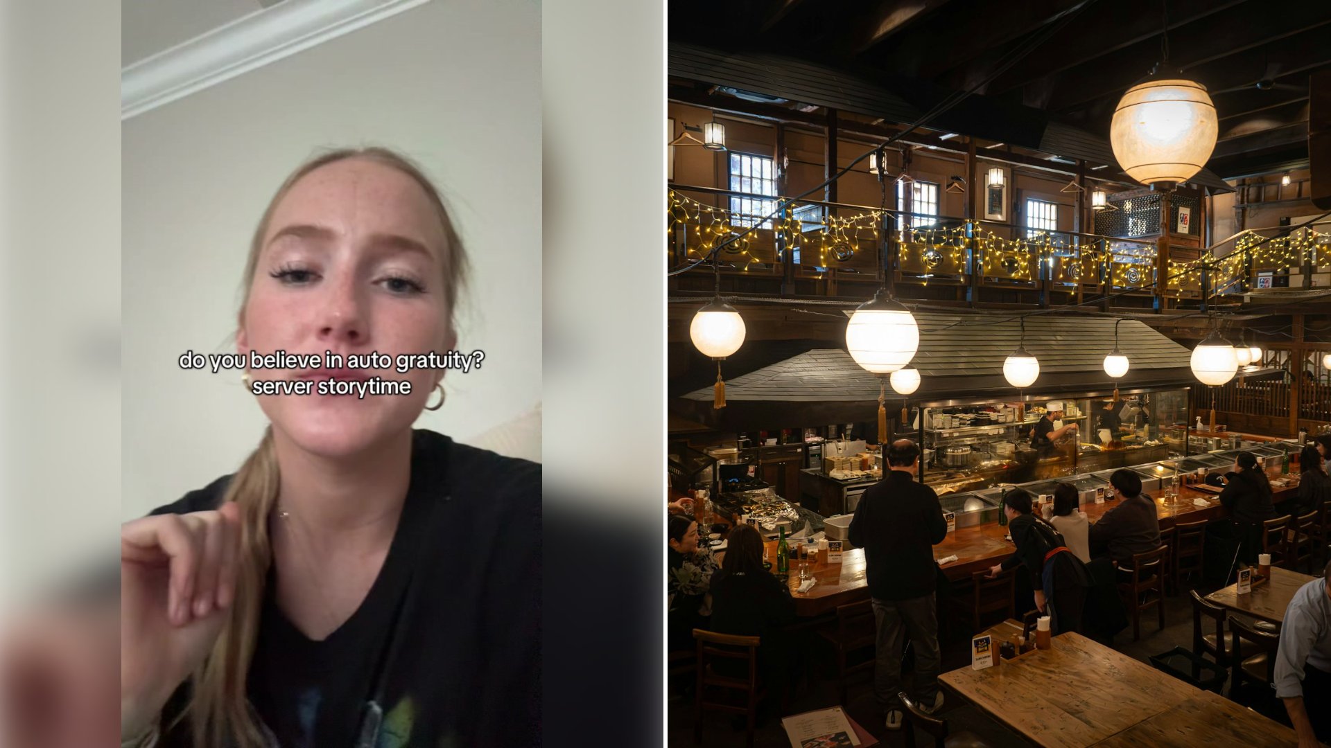 Left: cover still from a TikTok video by @sophiealtheaw. Right: a busy restaurant interior (Unsplash photo by hiding ninja).