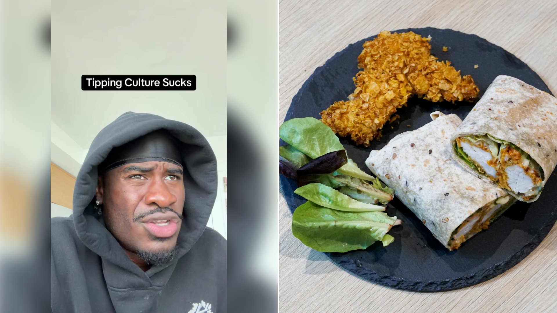 Left: cover still from a TikTok video by @maxwellsvision. Right: a chicken wrap on a black plate (Unsplash photo by Advocator SY).