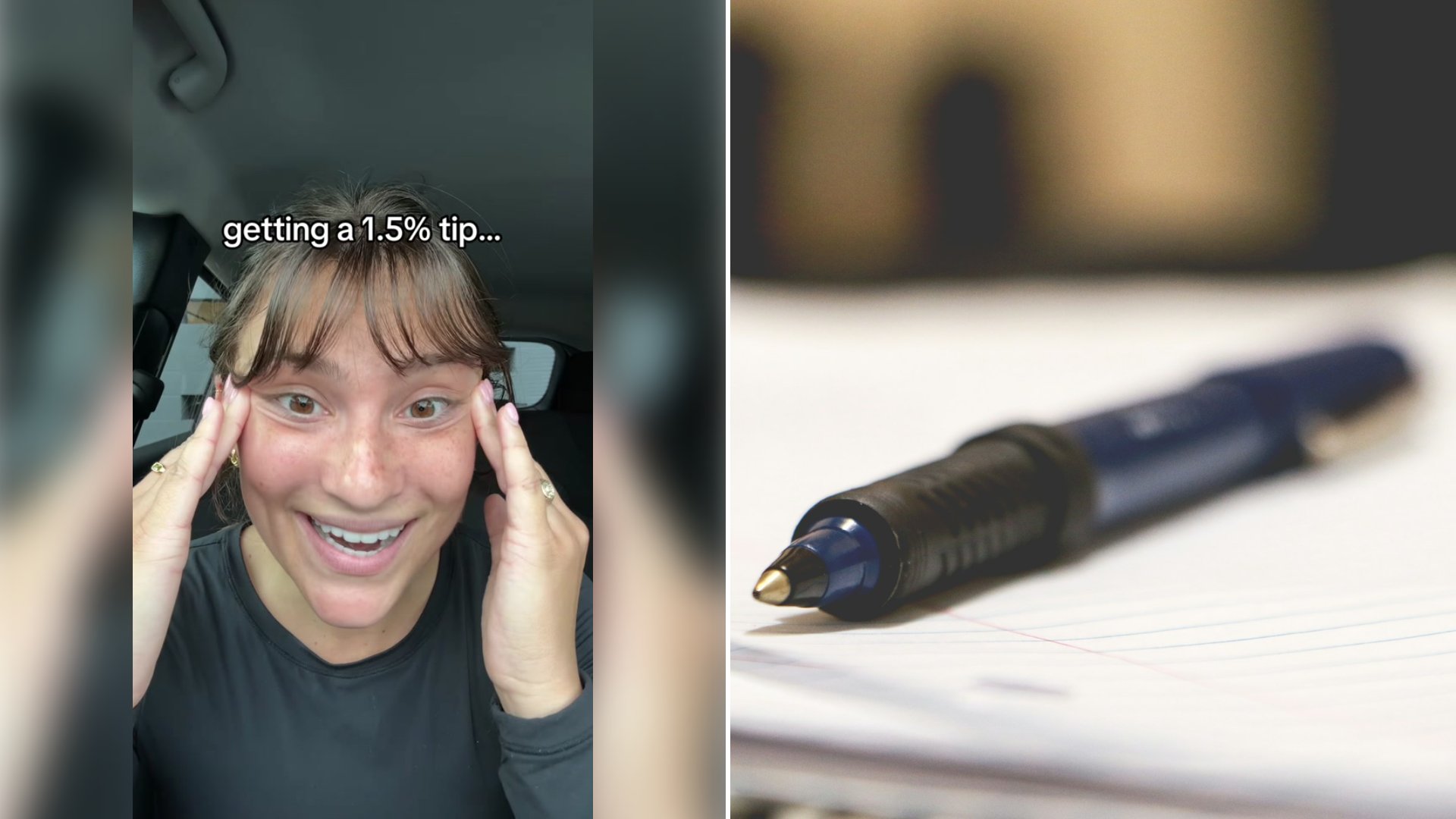 Left: cover still from a TikTok video by @servingqueenmacy. Right: a blue and black pen (Unsplash photo by Chandler Cruttenden).