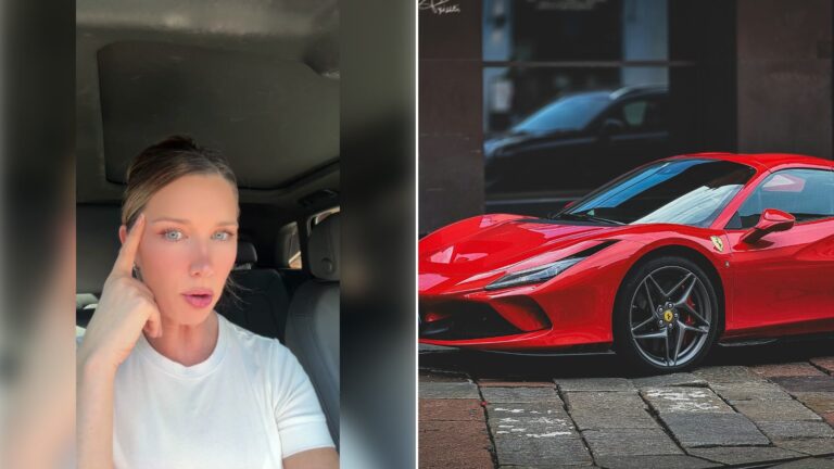 Left: cover still from a TikTok video by @laurenraeofsunshine. Right: a red sports car parked on a brick street (Unsplash photo by Sanjae Garcia).