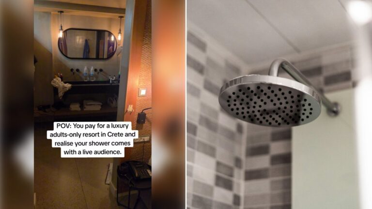 Left: cover still from a TikTok video by @clw016. Right: a stainless steel shower head (Unsplash photo by kevin Baquerizo).