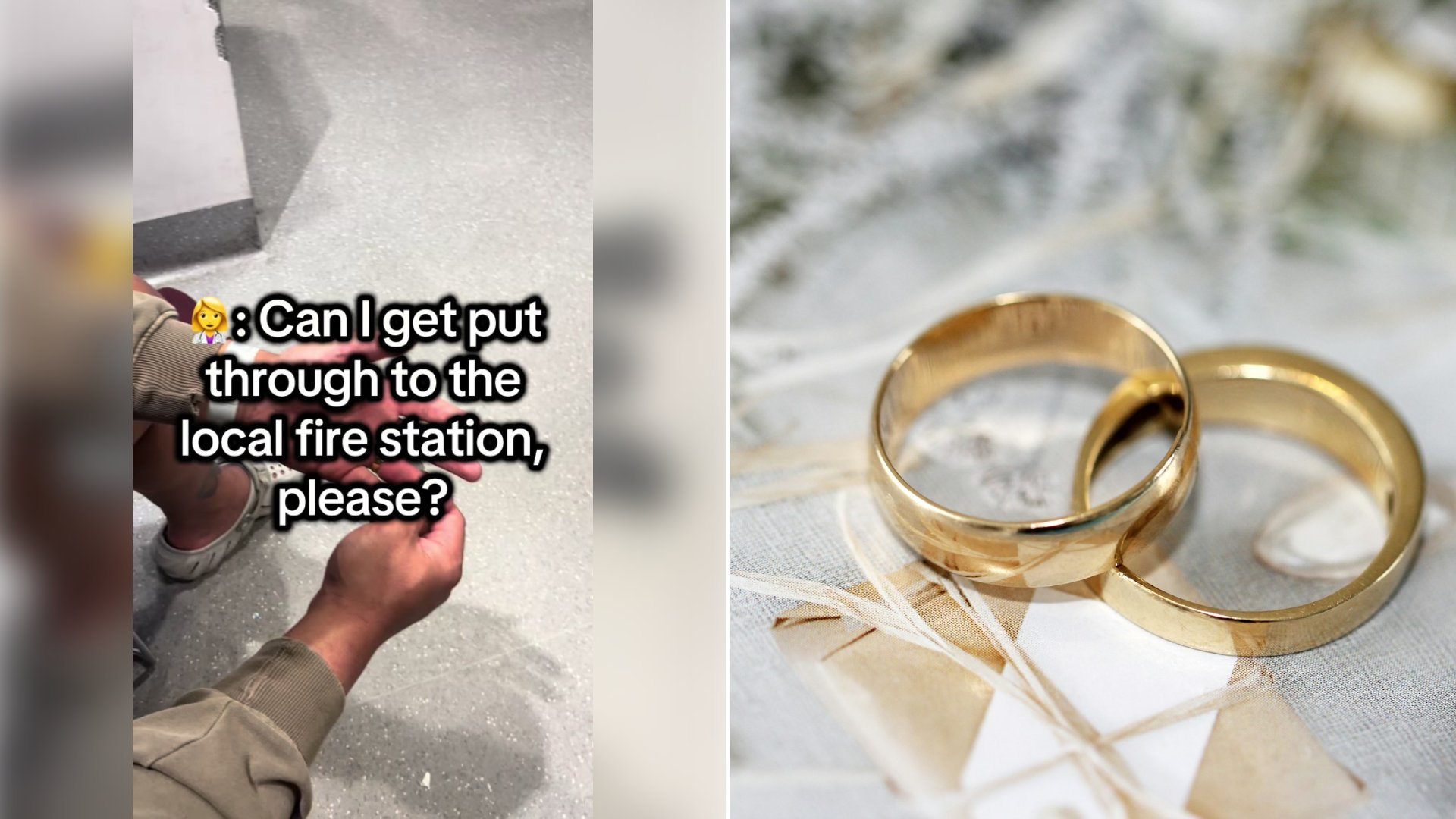 Left: cover still from a TikTok video by @zaraneli. Right: gold wedding bands (Unsplash photo by Sandy Millar).