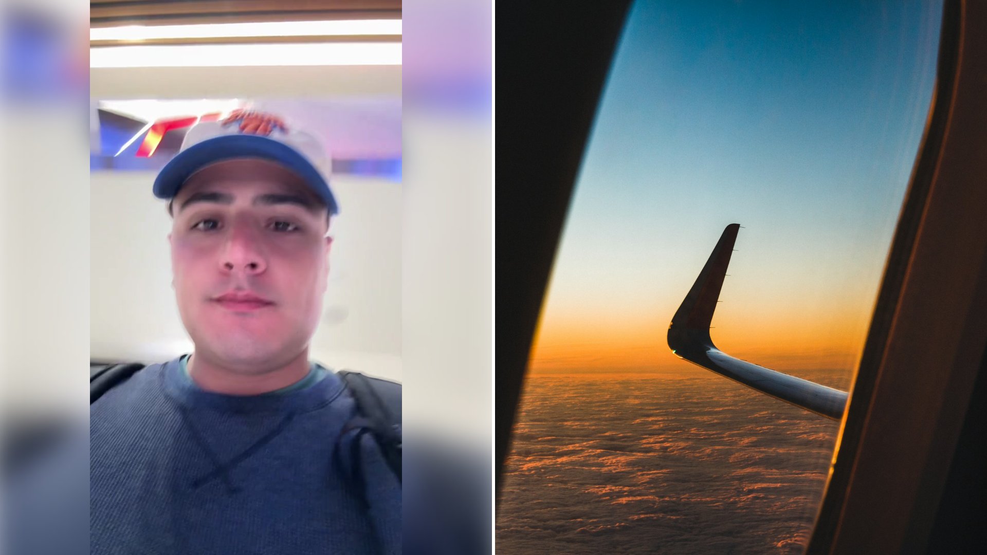 Left: cover still from a TikTok video by @maxcohennn. Right: clouds and blue sky from an airplane window (Unsplash photo by Apollo Photography).