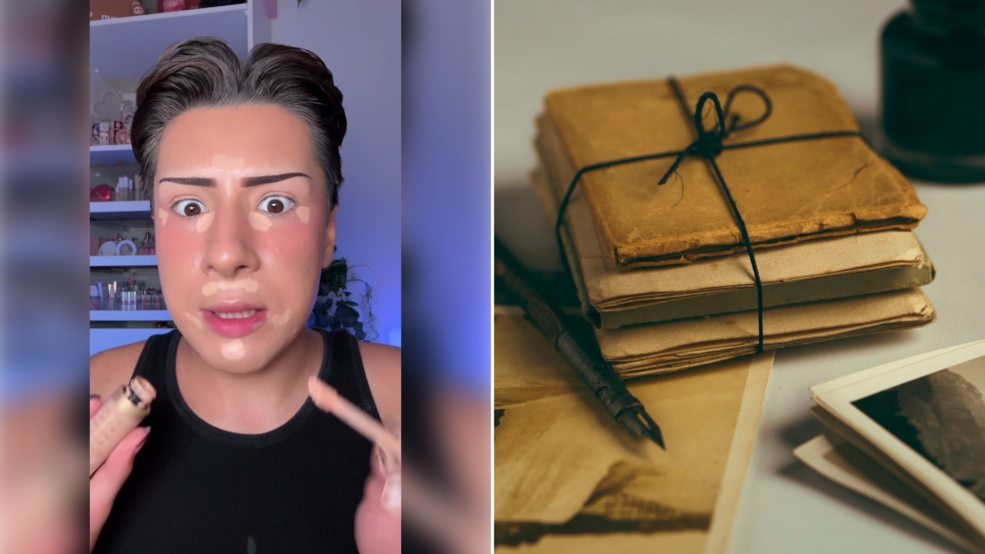 Left: cover still from a TikTok video by @jacknader. Right: old paper tied with twine next to a pen (Unsplash photo by Joanna Kosinska).