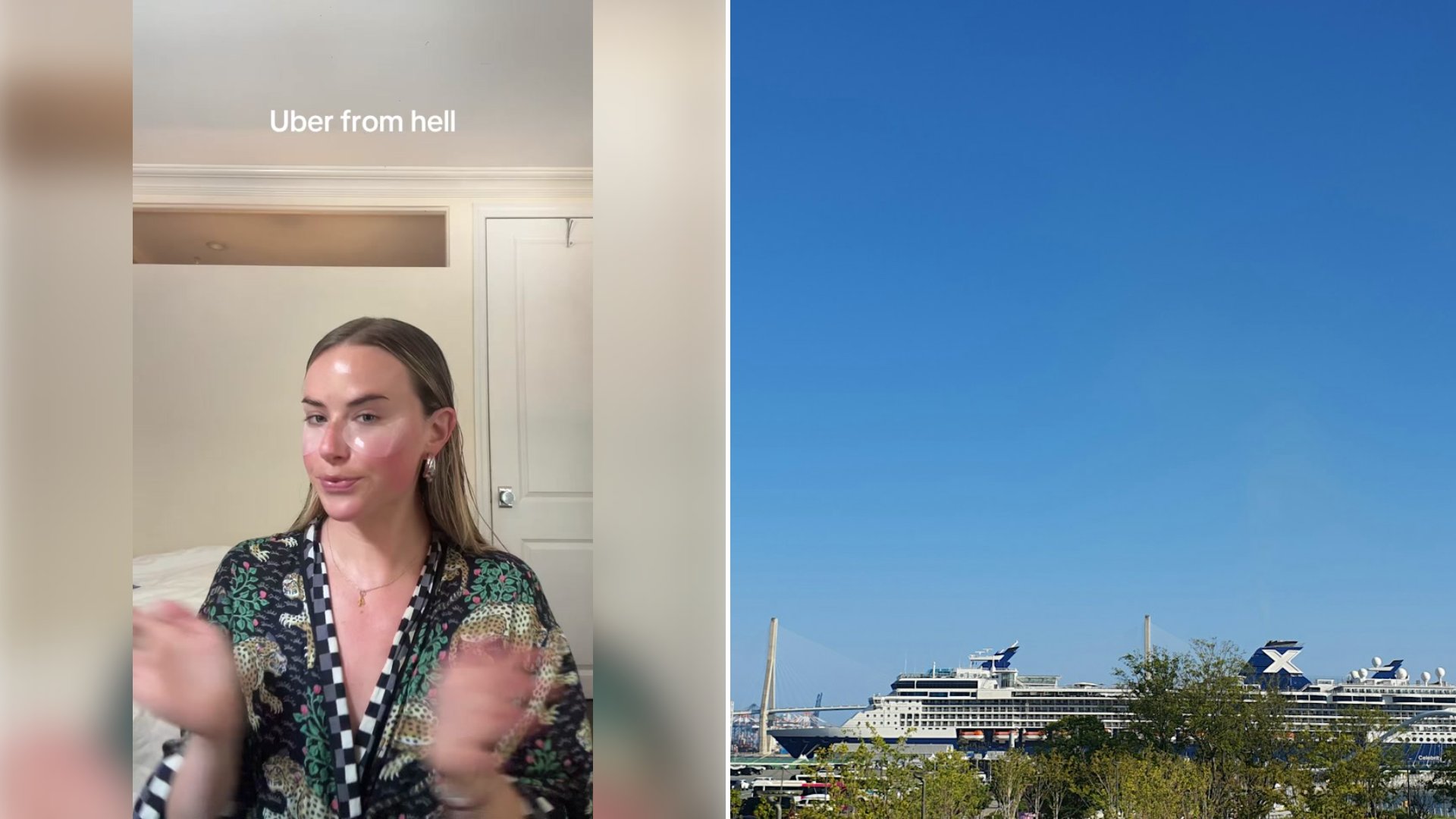 Left: cover still from a TikTok video by @soudersam. Right: a cruise ship docked near a coastal town (Unsplash photo by New FLEX).