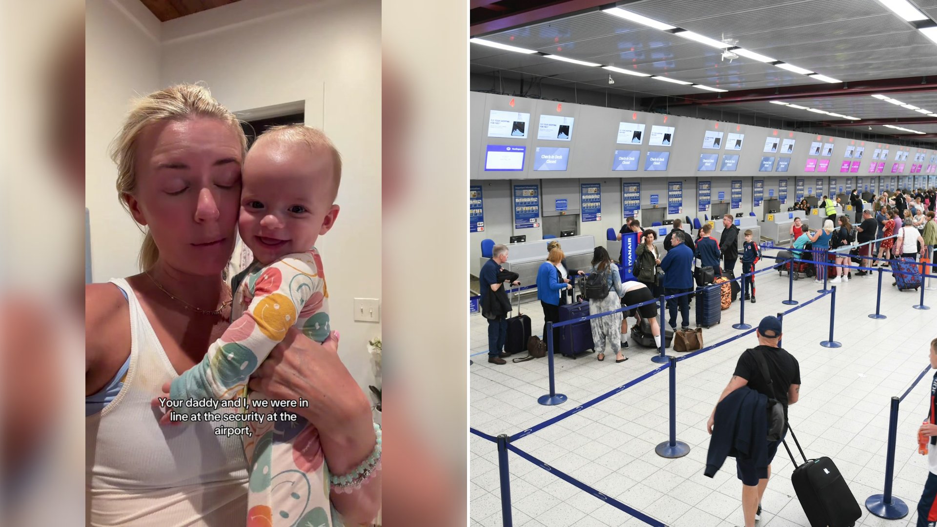 Left: cover still from a TikTok video by @justalexfugman. Right: travelers queuing at an airport check-in area (Unsplash photo by Phil Mosley).