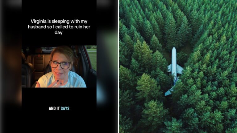 Left: cover still from an Instagram reel by @jason__allard. Right: an aerial view of an airplane in the middle of a forest (Unsplash photo by David Kovalenko).