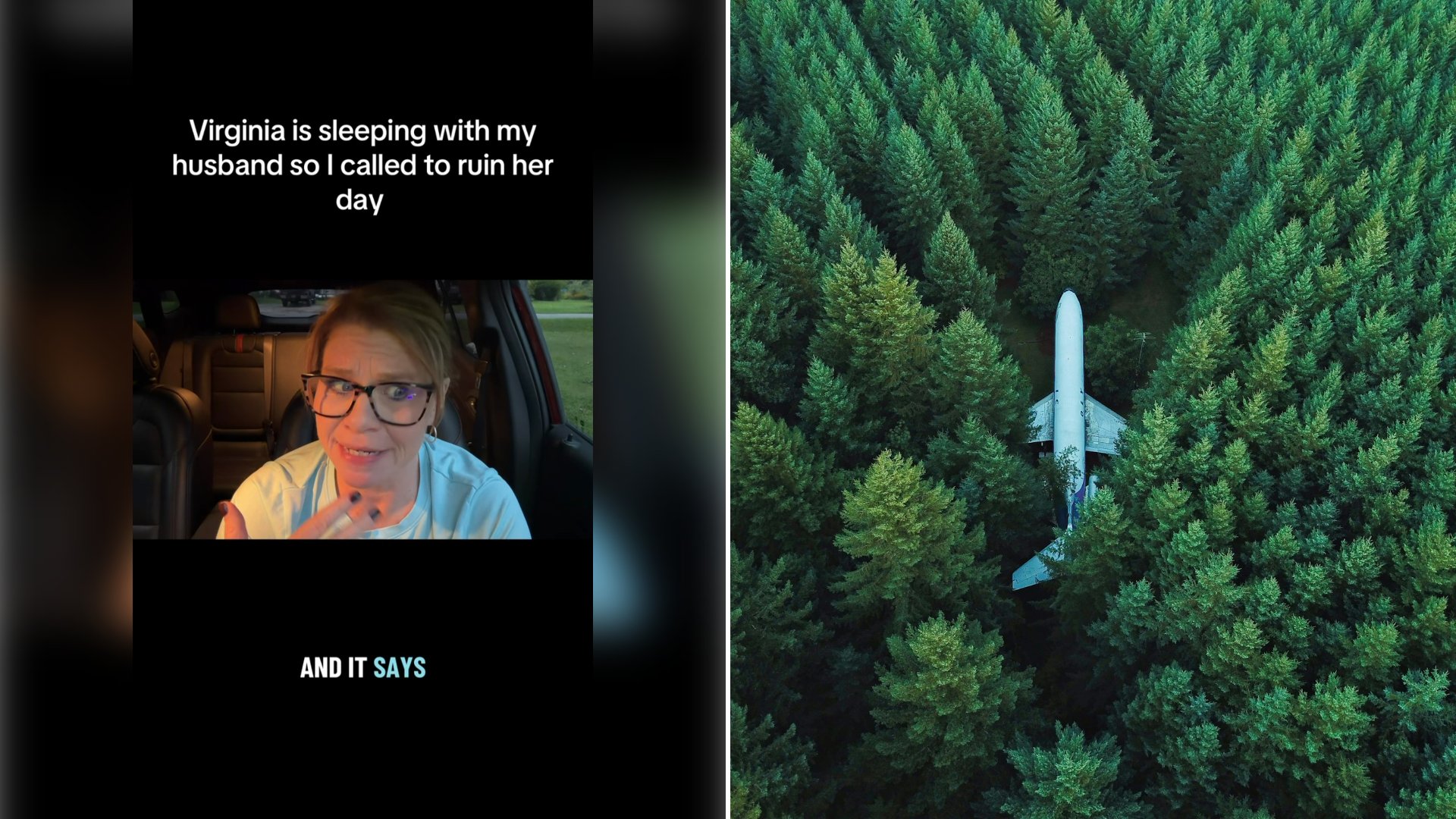 Left: cover still from an Instagram reel by @jason__allard. Right: an aerial view of an airplane in the middle of a forest (Unsplash photo by David Kovalenko).