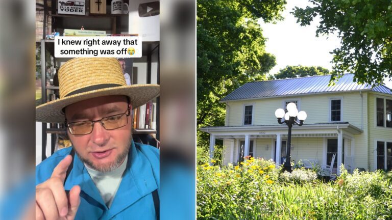 Left: cover still from a TikTok video by @eli.theexamishpreacher. Right: a historic house with a porch (Unsplash photo by Roger Starnes Sr).
