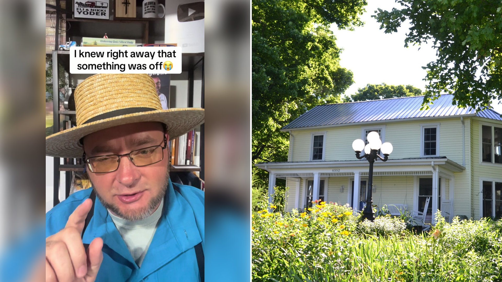 Left: cover still from a TikTok video by @eli.theexamishpreacher. Right: a historic house with a porch (Unsplash photo by Roger Starnes Sr).