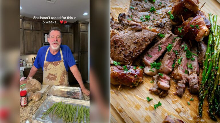 Left: cover still from a TikTok video by @thedamonharrison. Right: grilled meat on a wooden chopping board (Unsplash photo by Ashley Byrd).