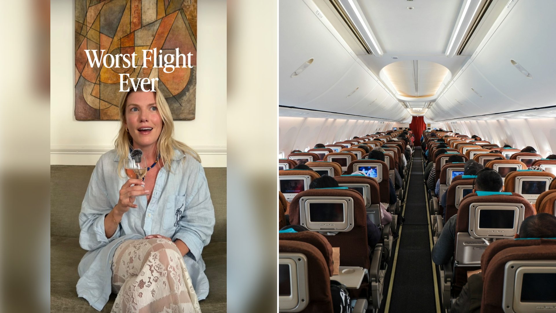 Left: cover still from an Instagram reel by @juliayorks. Right: the aisle of an airplane cabin with rows of seats (Unsplash photo by Mohammad Arrahmanur).