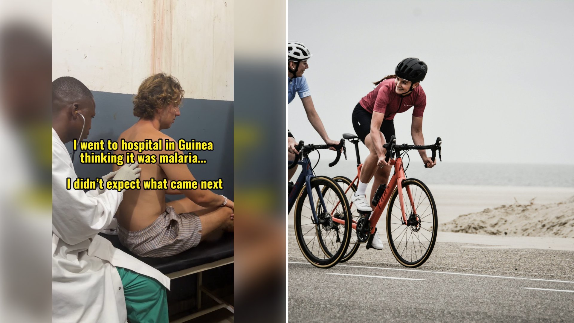Left: cover still from an Instagram reel by @anotherbloodycyclist. Right: two cyclists riding road bikes along a beach (Unsplash photo by Coen van de Broek).