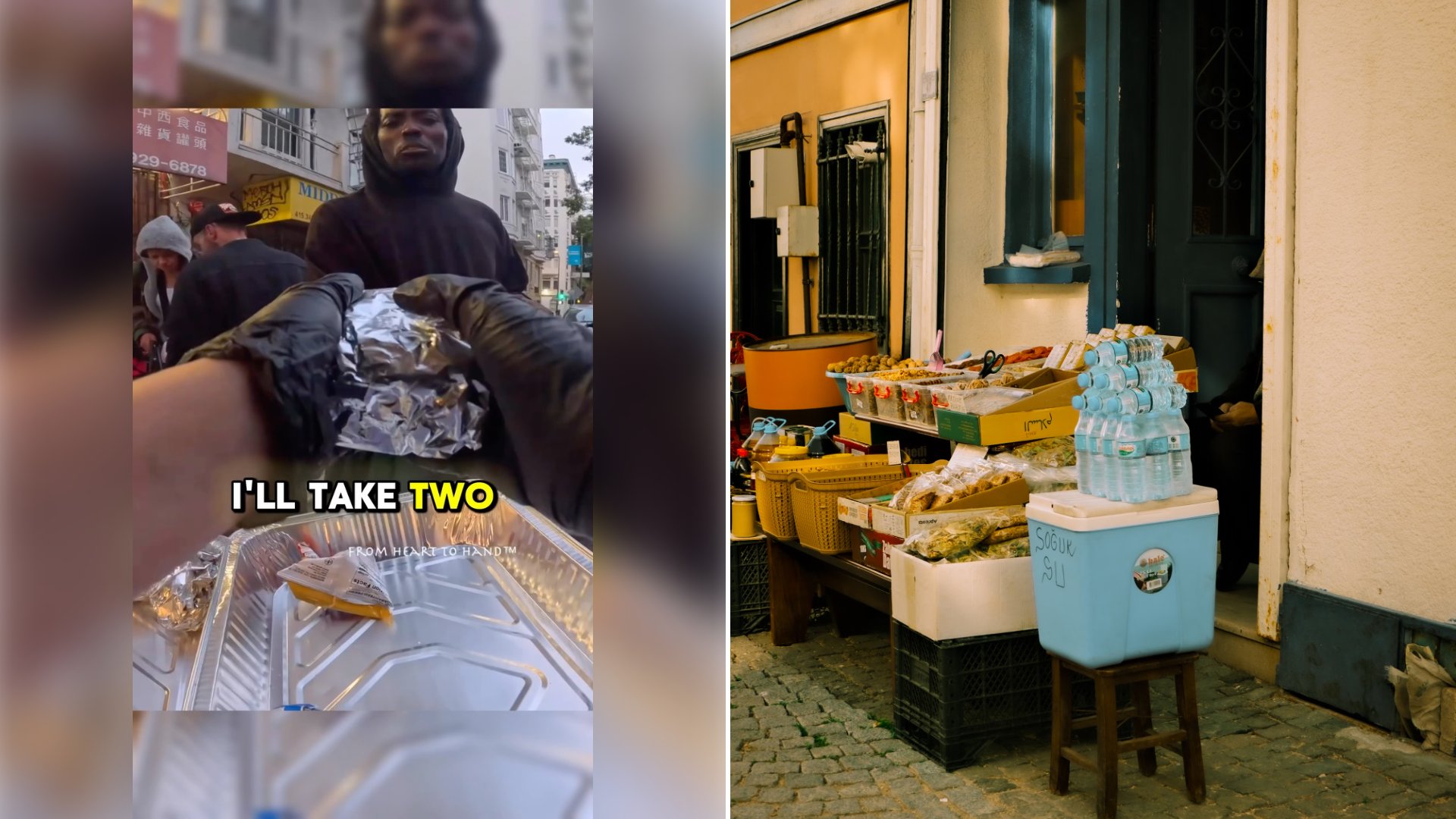 Left: cover still from an Instagram reel by @fromhearttohand.official. Right: a street vendor stand with a jug of water (Pexels photo by Can Ceylan).