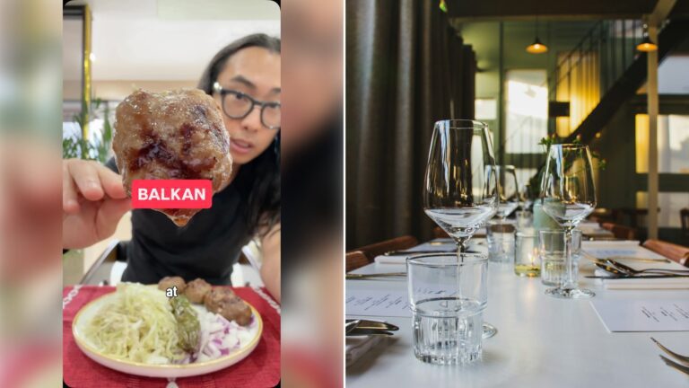 Left: cover still from an Instagram reel by @everybodyeatschris. Right: a restaurant table set with wine glasses (Unsplash photo by Ronan).