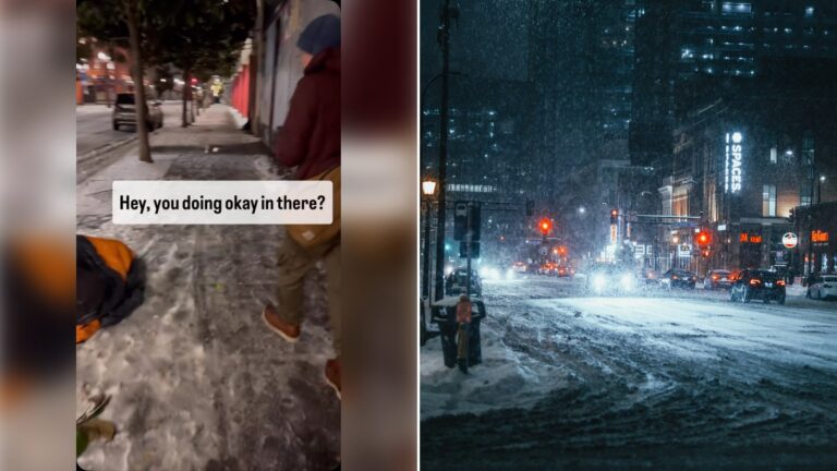 Left: cover still from an Instagram reel by @kevinvdahlgren. Right: a snowy city street at night (Unsplash photo by Josh Hild).