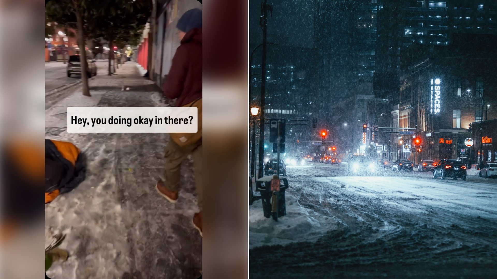 Left: cover still from an Instagram reel by @kevinvdahlgren. Right: a snowy city street at night (Unsplash photo by Josh Hild).