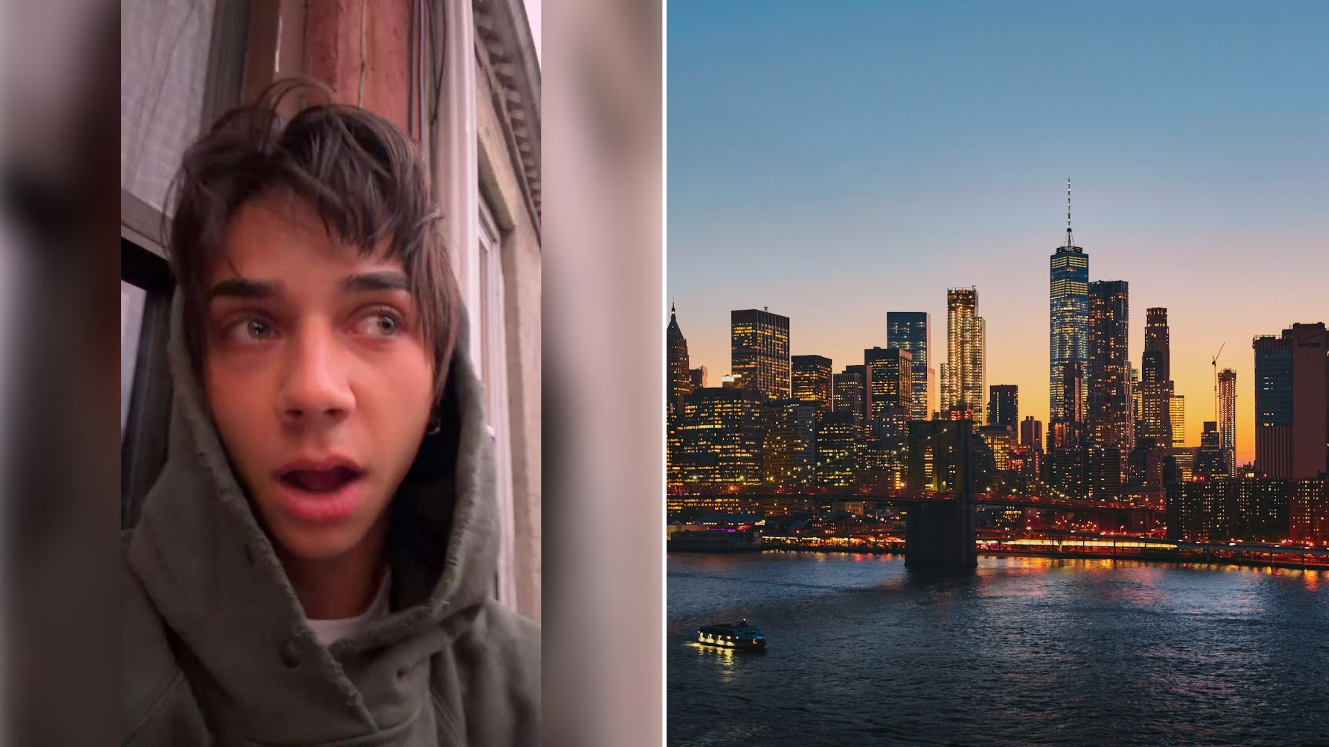 Left: cover still from a TikTok video by @ryancrouse. Right: the Manhattan skyline at dusk across the water (Unsplash photo by Luca Bravo).