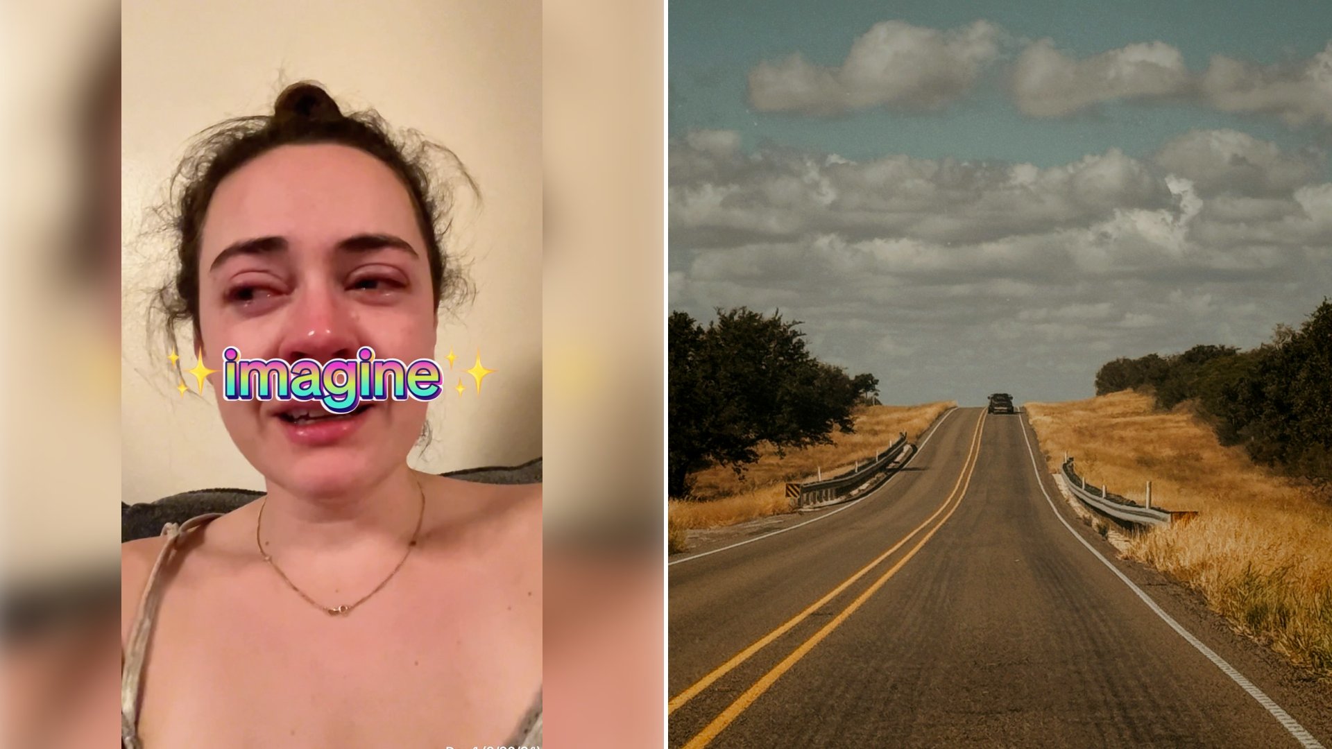 Left: cover still from an Instagram reel by @spritely. Right: an empty two-lane road through dry grassland (Unsplash photo by Jon Tyson).