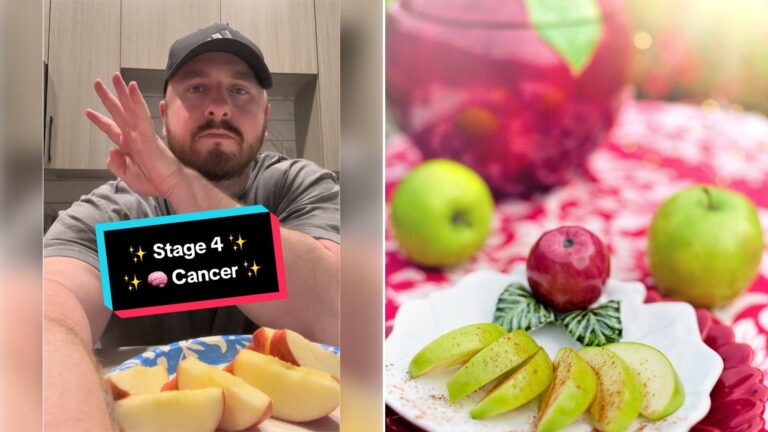 Left: cover still from a TikTok video by @skighathletics. Right: green apple slices and whole apples on a decorative plate (Pexels photo by Jill Wellington).