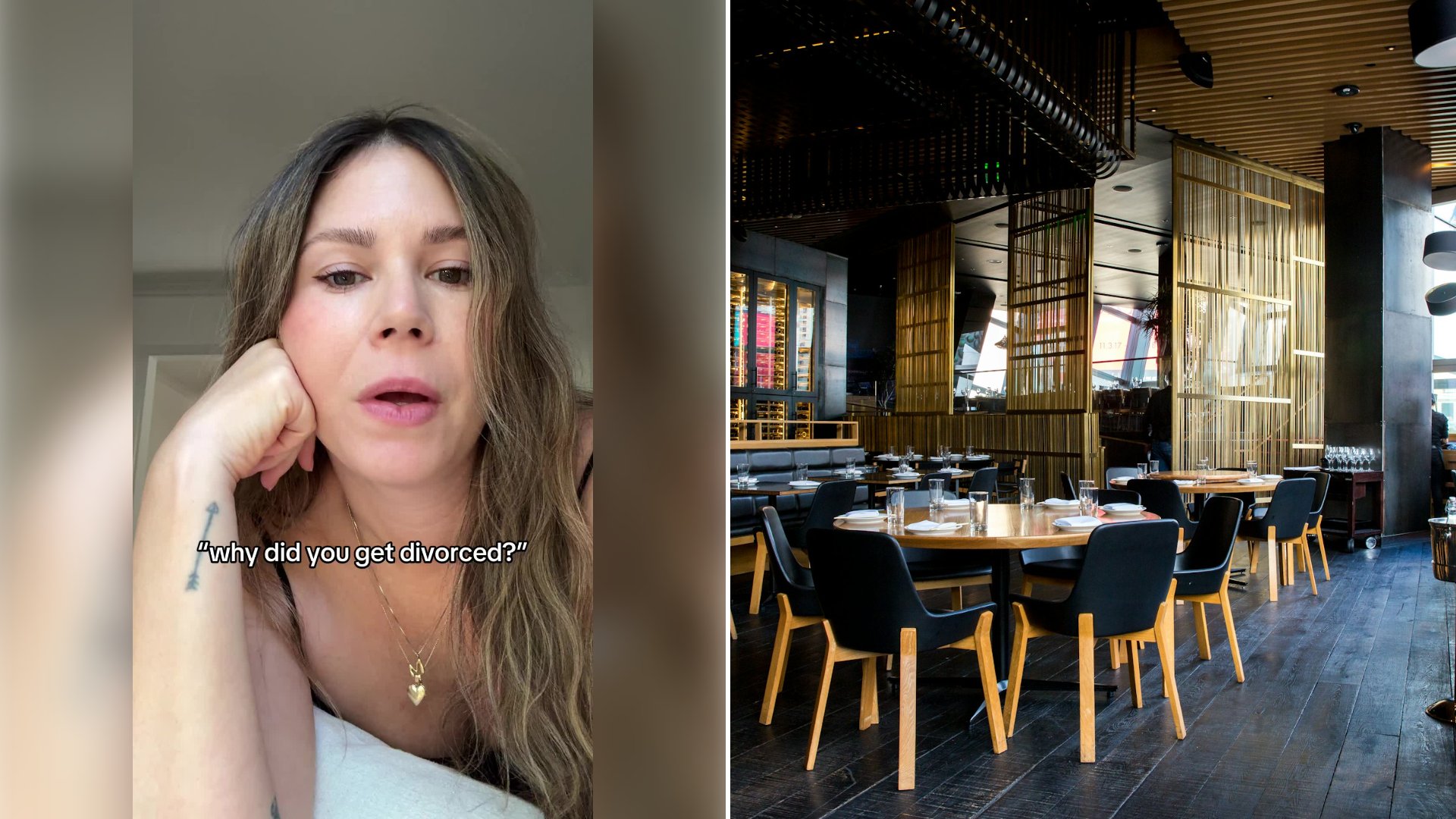 Left: cover still from a TikTok video by @evanalexisoliver. Right: a restaurant dining room with tables and chairs (Unsplash photo by Jason Leung).