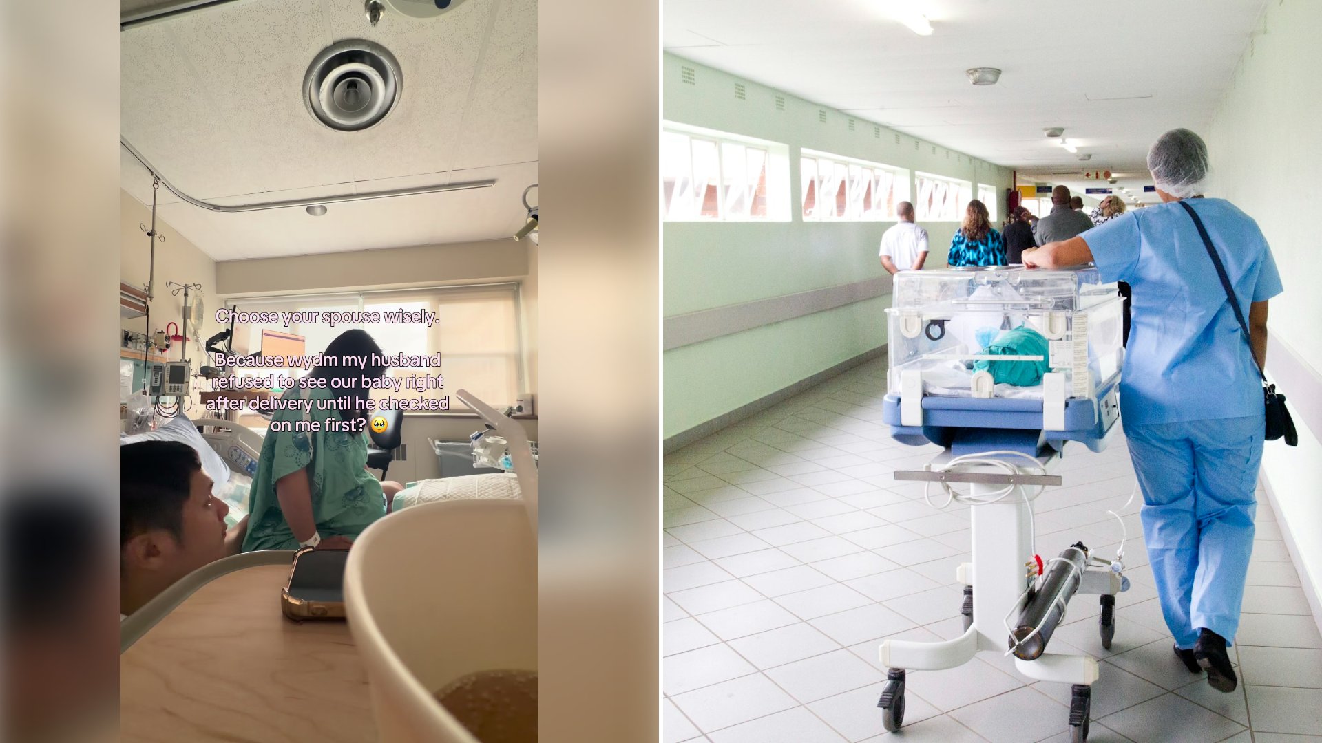 Left: cover still from a TikTok video by @krstnsnchzz. Right: a nurse in blue scrubs pushing an incubator down a hospital hallway (Unsplash photo by Hush Naidoo).