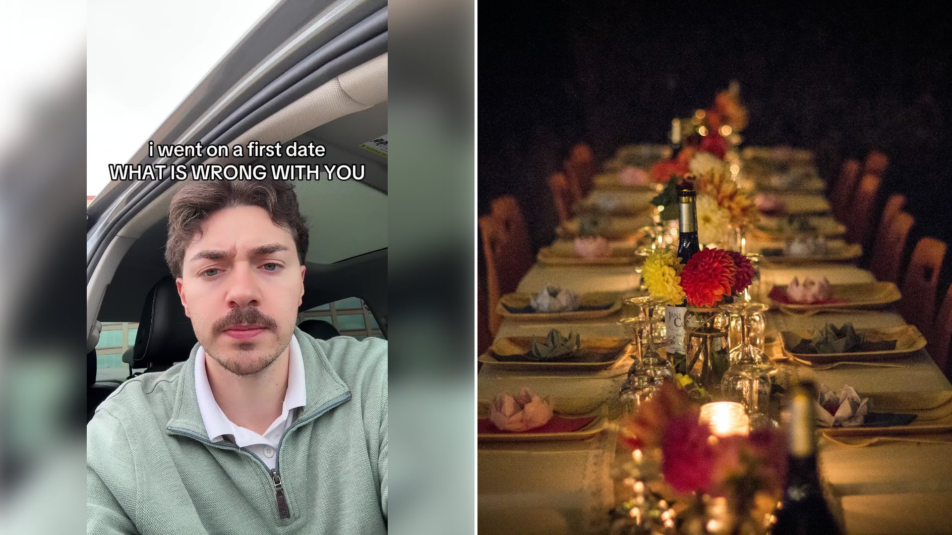 Left: cover still from a TikTok video by @christiancooks99. Right: a long candlelit dining table with flowers (Unsplash photo by M F).