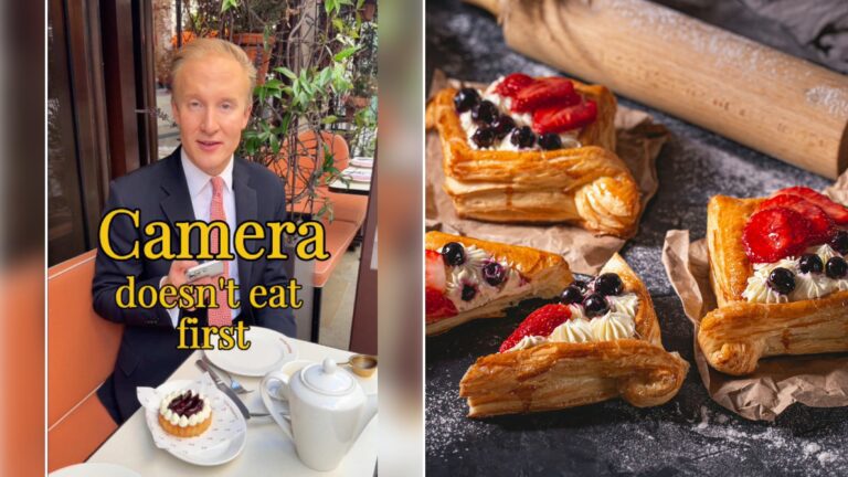 Left: cover still from a TikTok video by @williamhansonetiquette. Right: fruit tarts on a baking surface (Unsplash photo by Serghey Savchuk).