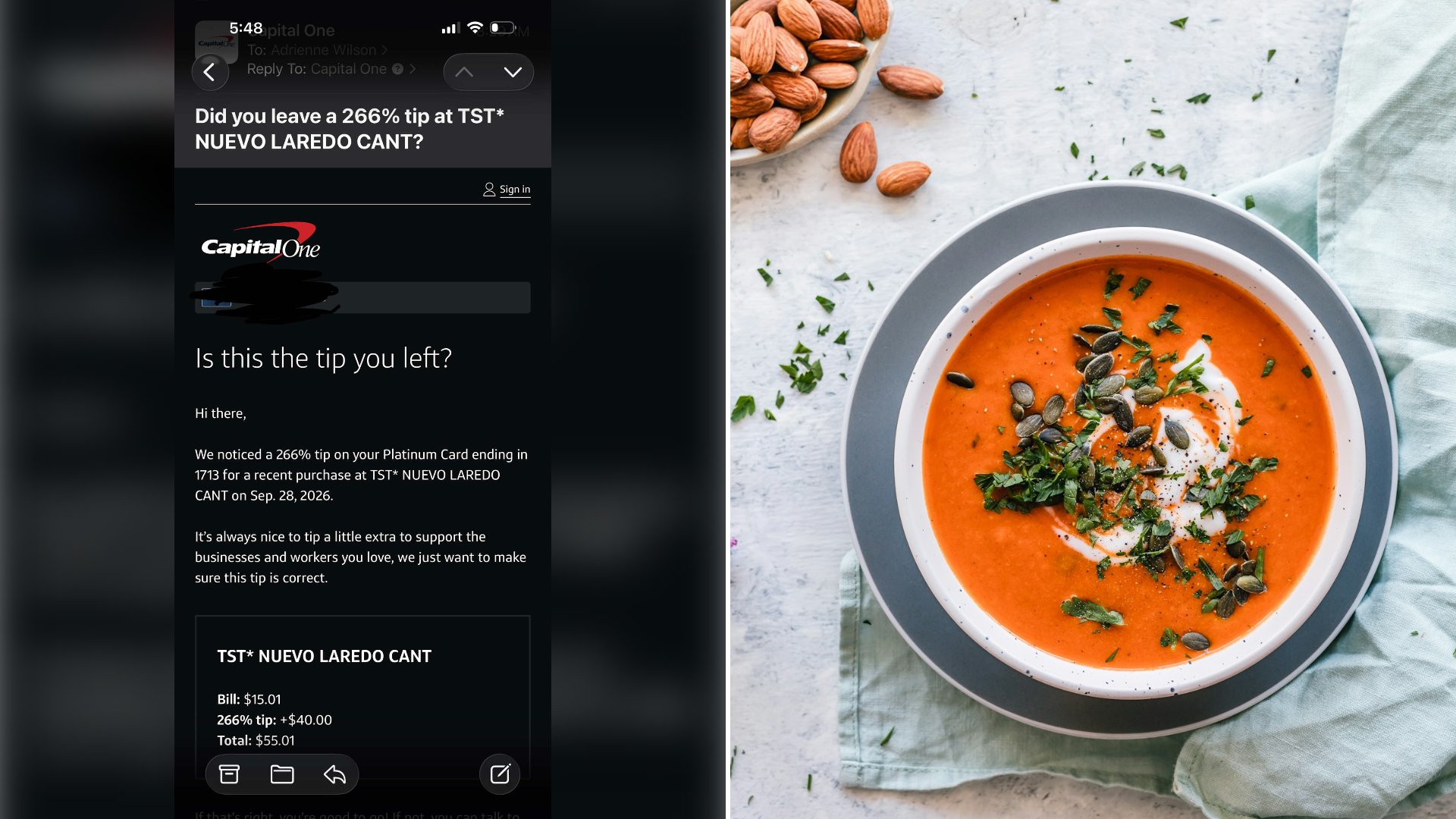 Left: cover still from a TikTok video by @yoadriennesellshomes. Right: a bowl of tomato soup with herbs (Unsplash photo by Ella Olsson).