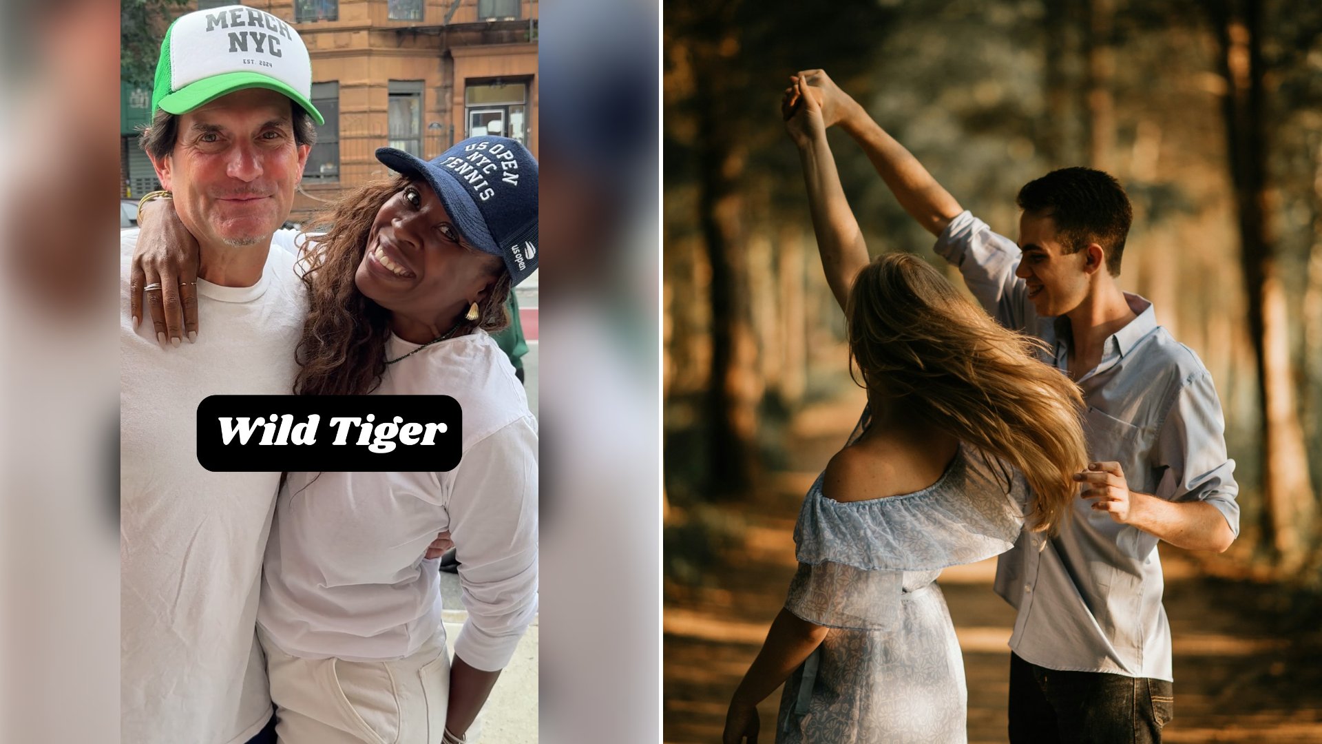 Left: cover still from an Instagram reel by @meetcutesnyc. Right: a man and woman dancing among trees (Unsplash photo by Scott Broome).