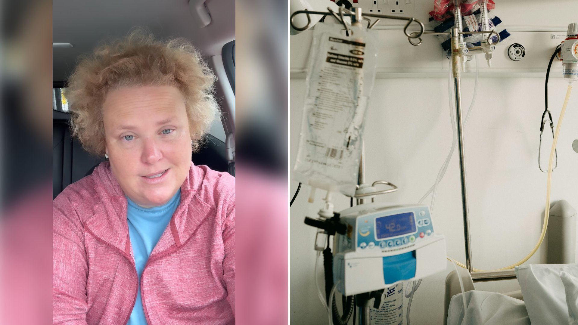 Left: cover still from an Instagram reel by @fortunefeimster. Right: a hospital room with an IV stand and medical equipment (Unsplash photo by Annie Spratt).
