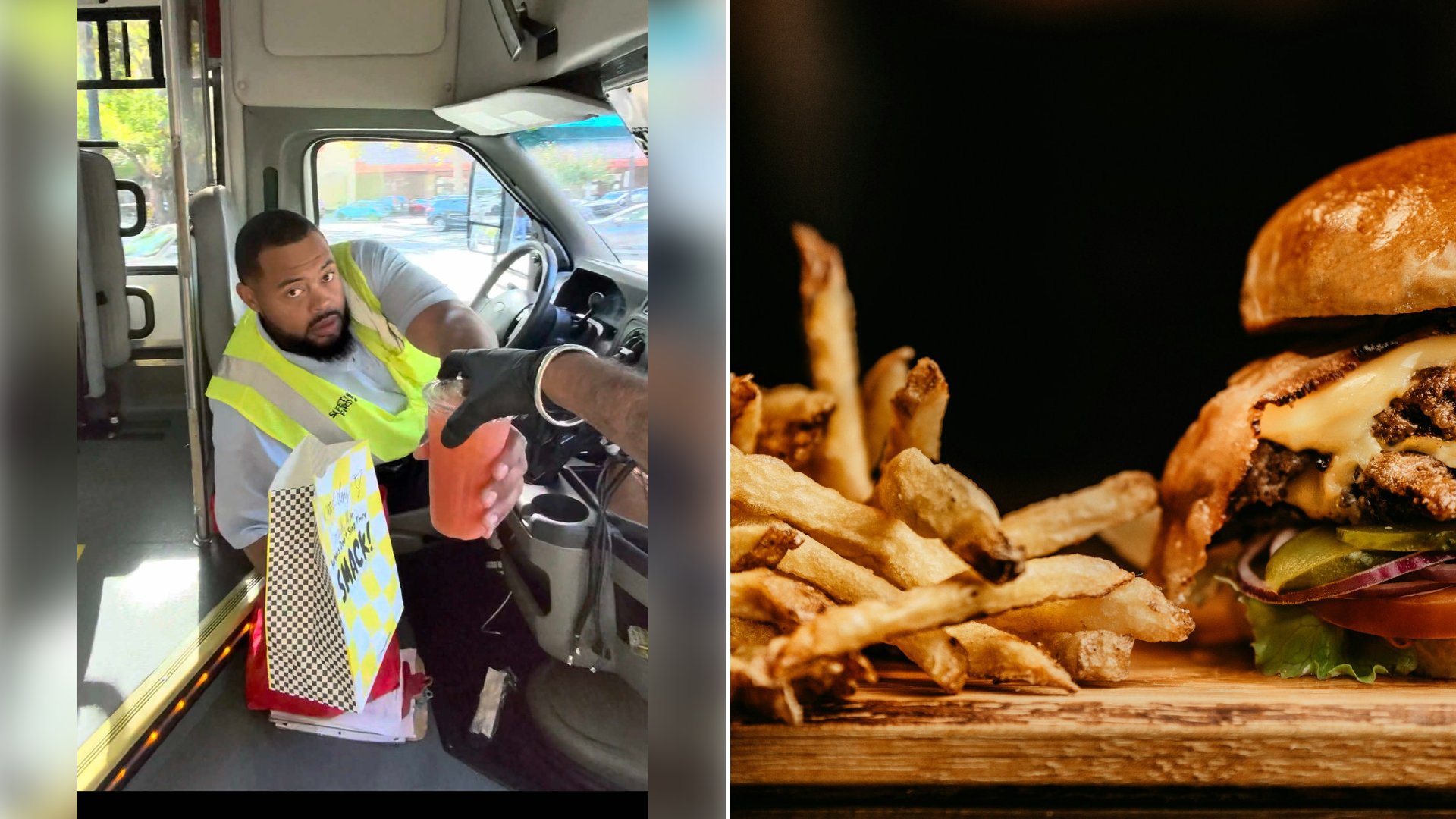 Left: cover still from a TikTok video by @smack.burgers. Right: a burger with fries (Unsplash photo by Jonathan Borba).