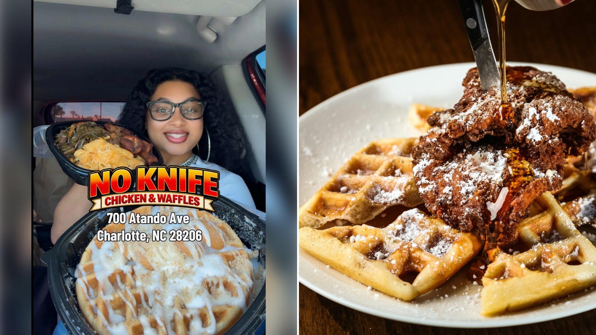 Left: cover still from a TikTok video by @prettyanta_. Right: syrup being poured over chicken and waffles (Unsplash photo by Tim Toomey).