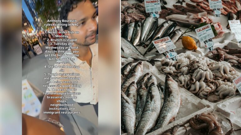 Left: cover still from an Instagram reel by @cjtravelstheworld. Right: a bunch of fish on a table (Unsplash photo by Nicola Welner).