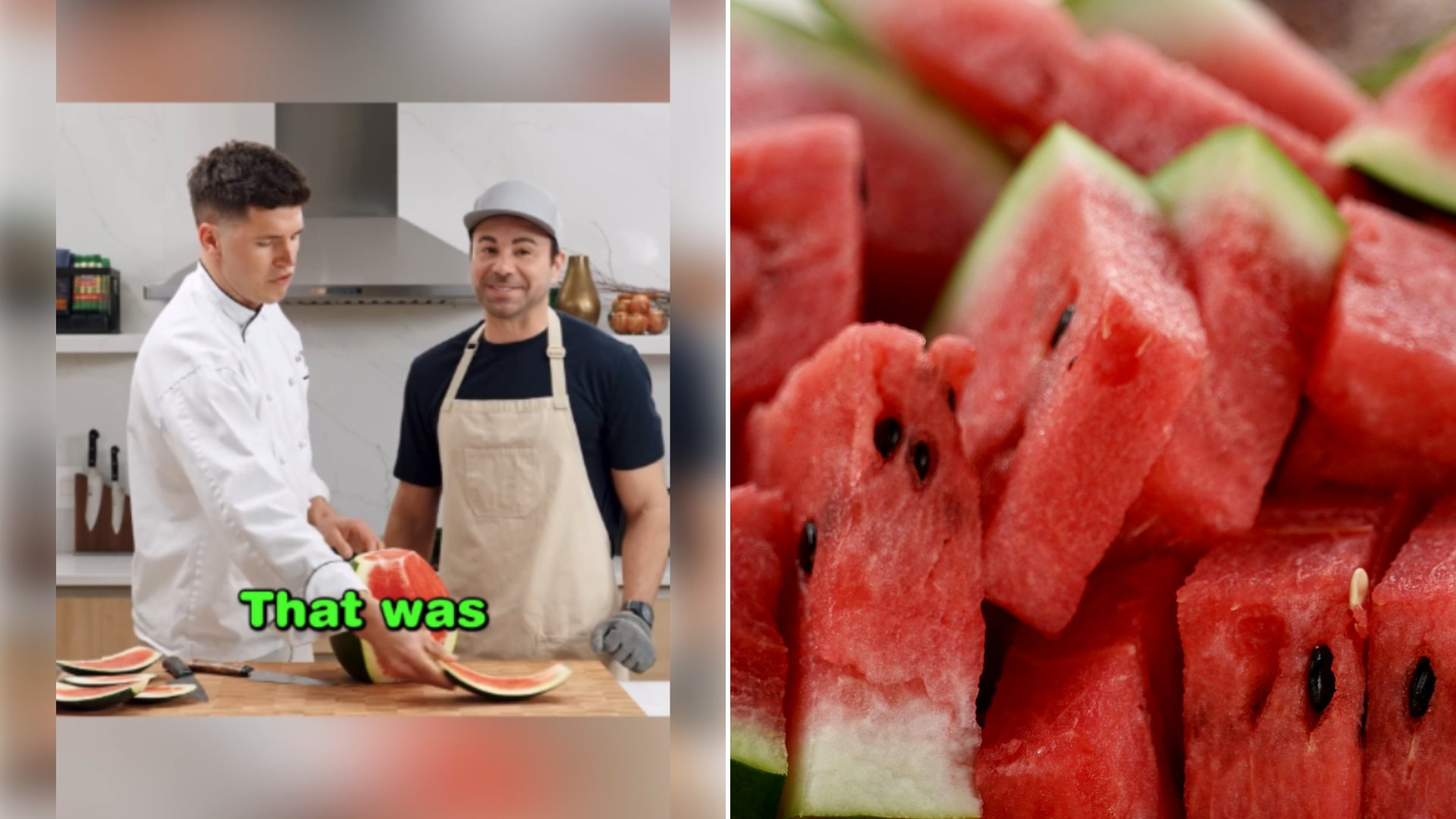 Left: cover still from a TikTok video by @roundofsausage. Right: watermelon close-up (Unsplash photo by Floh Keitgen).