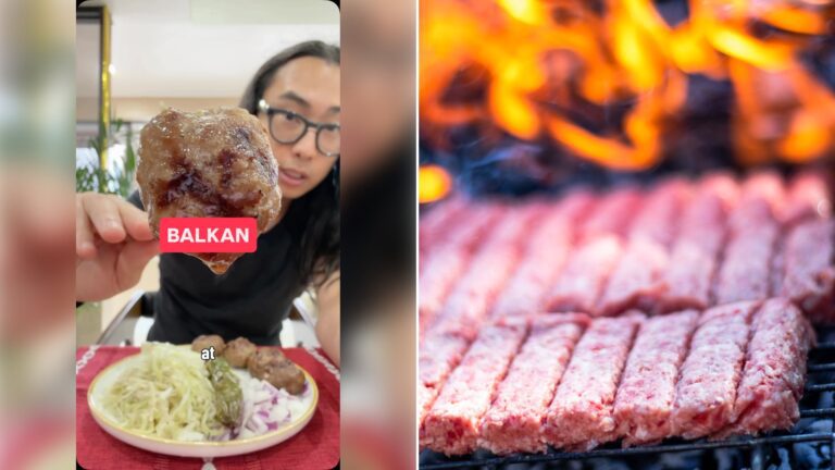 Left: cover still from an Instagram reel by @everybodyeatschris. Right: grilled cevapi over an open flame (Pexels photo by Antonio Batinić).