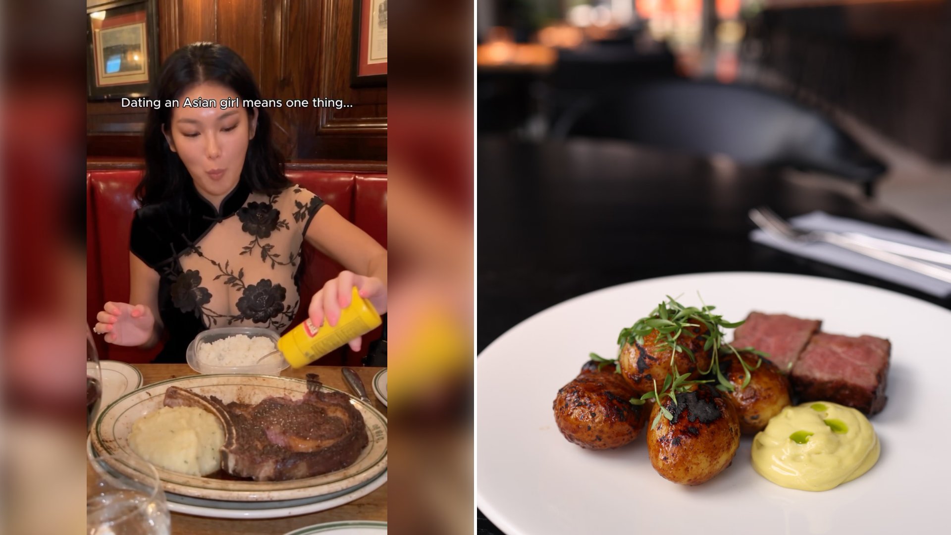 Left: cover still from an Instagram reel by @aikok.png. Right: a steak dinner with roasted potatoes on a white plate (Pexels photo by Valeria Boltneva).