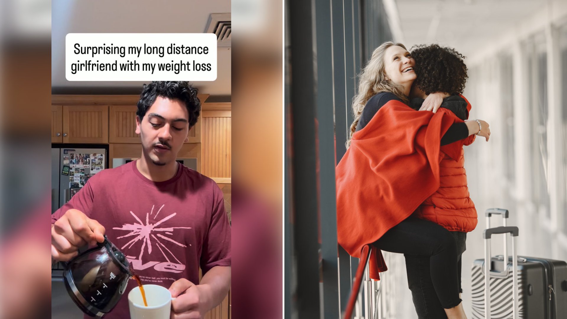 Left: cover still from an Instagram reel by @kael_newman. Right: a couple embracing in a doorway (Pexels photo by Gustavo Fring).