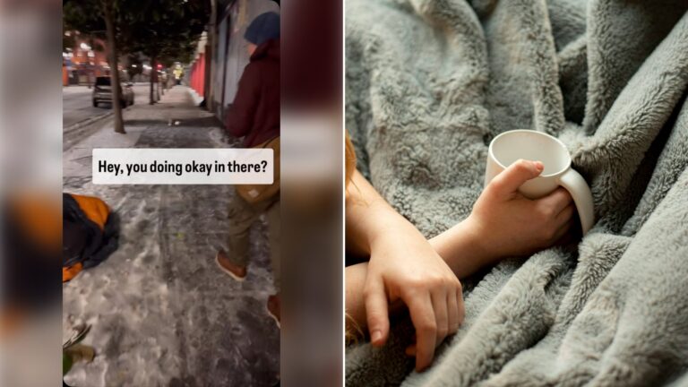 Left: cover still from an Instagram reel by @kevinvdahlgren. Right: hands holding a white mug on a gray blanket (Unsplash photo by Amin Hasani).