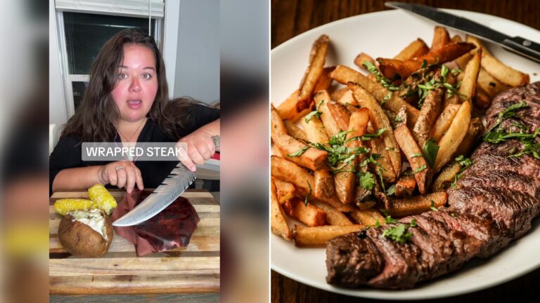 Left: cover still from a TikTok video by @ojgrubz. Right: grilled steak on a white plate (Unsplash photo by Tim Toomey).