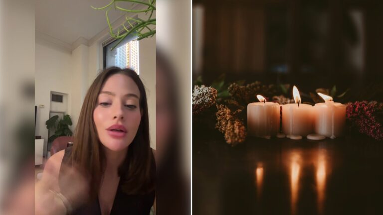 Left: cover still from a TikTok video by @mackattackd. Right: white candles on a wooden table (Unsplash photo by Sixteen Miles Out).