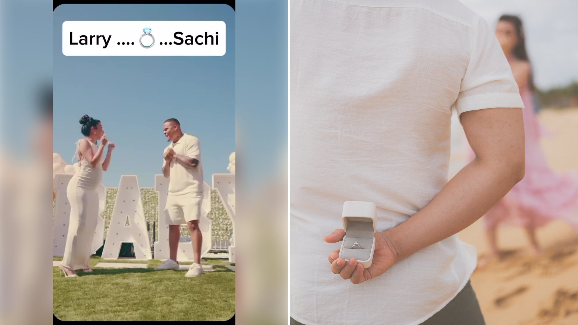 Left: cover still from a TikTok video by @thebenzhouse. Right: a man hiding an engagement ring behind his back (Pexels photo by Duy Ngô).