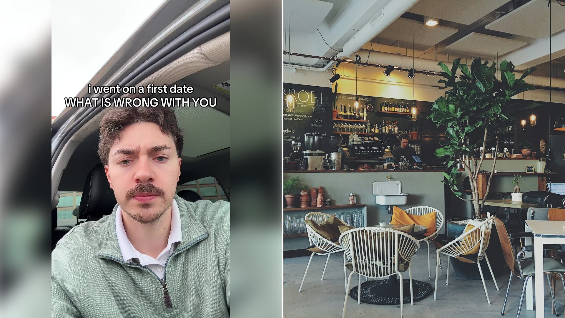 Left: cover still from a TikTok video by @christiancooks99. Right: the interior of a coffee shop (Unsplash photo by daan evers).